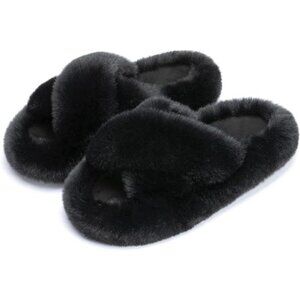 Women's Fuzzy Memory Foam Bedroom Slippers, Black Cross